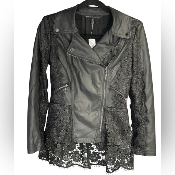 WHBM NWT Lace-Trimmed Coated Denim Moto Jacket LIMITED EDITION SIZE 00 - Picture 5 of 9